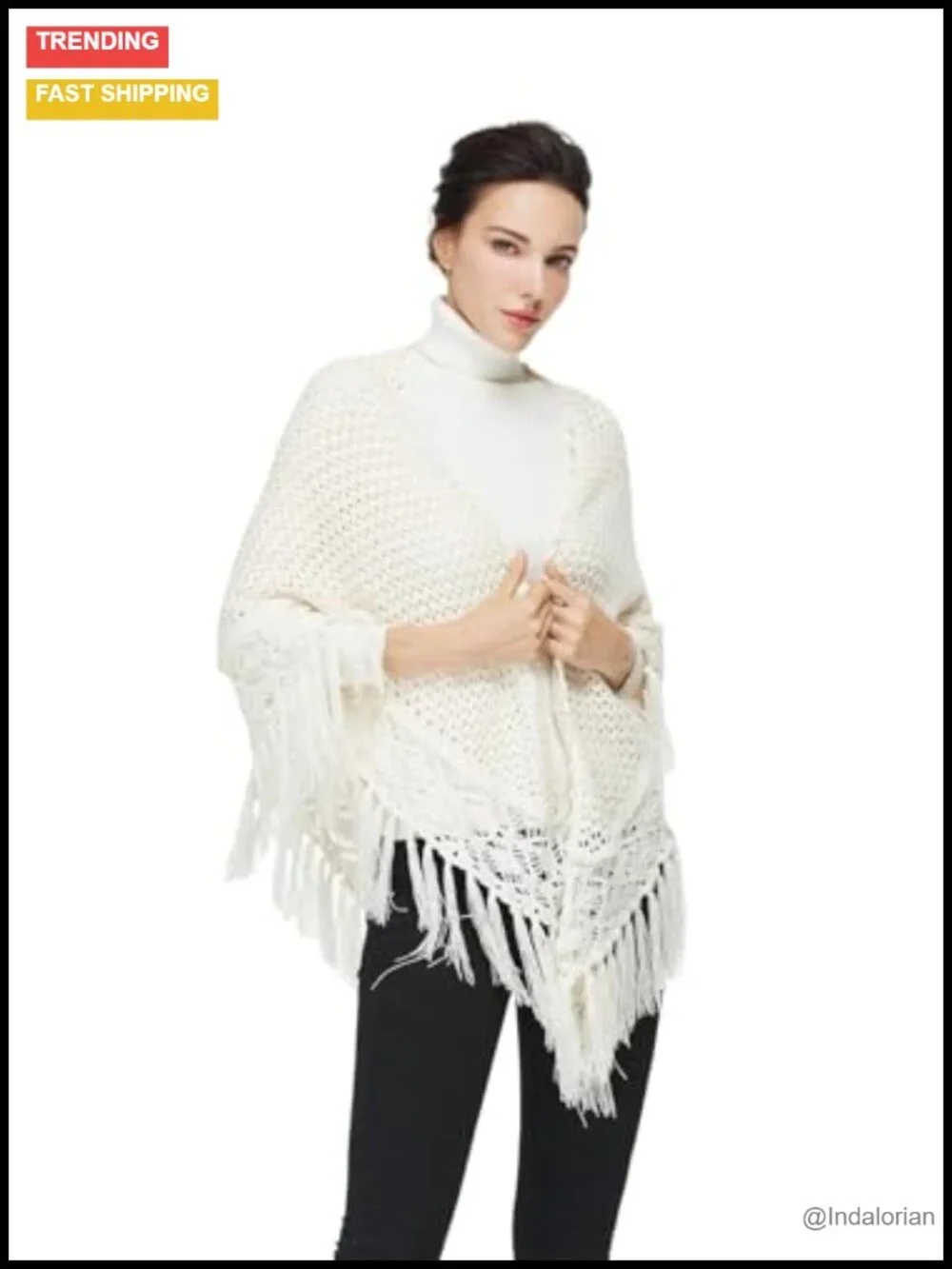 Hand-Crocheted Knit Shawl Wrap with Fringes for Evening Dress Cover Up